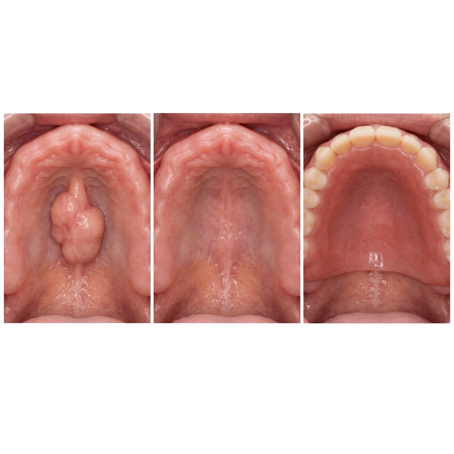 A palatal torus before removal, the smoothed palate after removal, and a denture seated after treatment